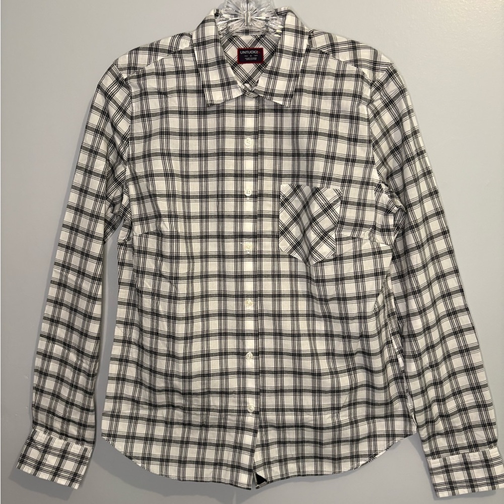 Brand New UNTUCKit Marina Size 4 Black White Long Sleeve Button Down Shirt Plaid